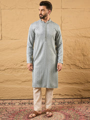 Ethnic Bay Men Grey Viscose Rayon Solid Embroidered Straight Kurta with Trouser-MKSET1106