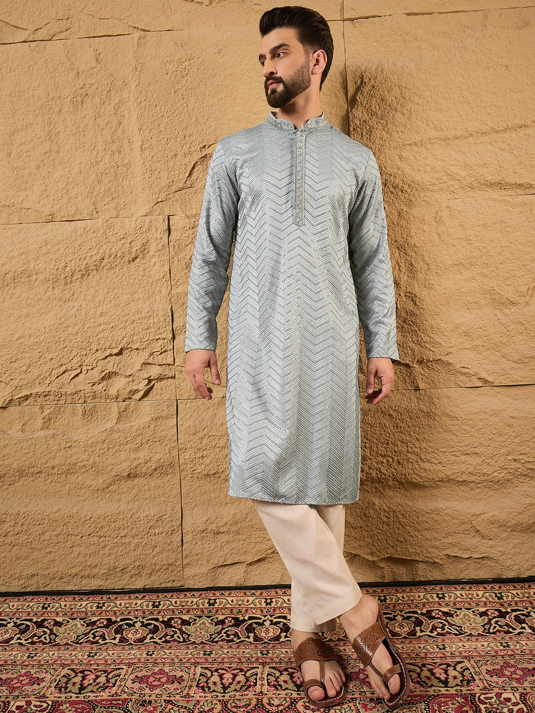 Ethnic Bay Men Grey Viscose Rayon Solid Embroidered Straight Kurta with Trouser-MKSET1106