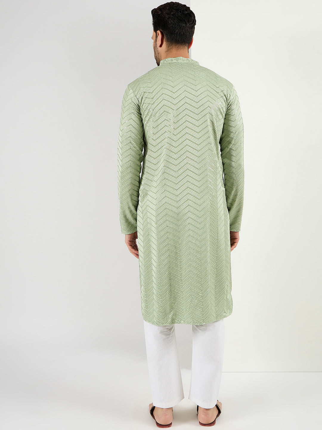 Ethnic Bay Men Green Viscose Rayon Solid Embroidered Straight Kurta with Trousers-MKSET1109