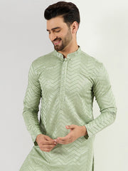 Ethnic Bay Men Green Viscose Rayon Solid Embroidered Straight Kurta with Trousers-MKSET1109