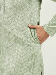 Ethnic Bay Men Green Viscose Rayon Solid Embroidered Straight Kurta with Trousers-MKSET1109