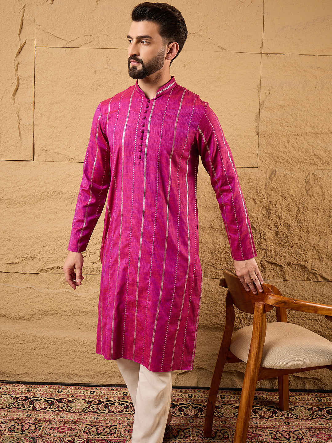 Ethnic Bay Men Pink Pure Cotton Solid Embroidered Straight Kurta with Trousers-MKSET1120