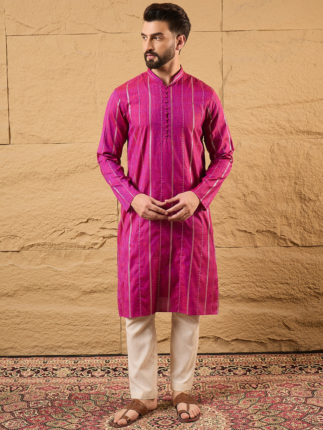 Ethnic Bay Men Pink Pure Cotton Solid Embroidered Straight Kurta with Trousers-MKSET1120