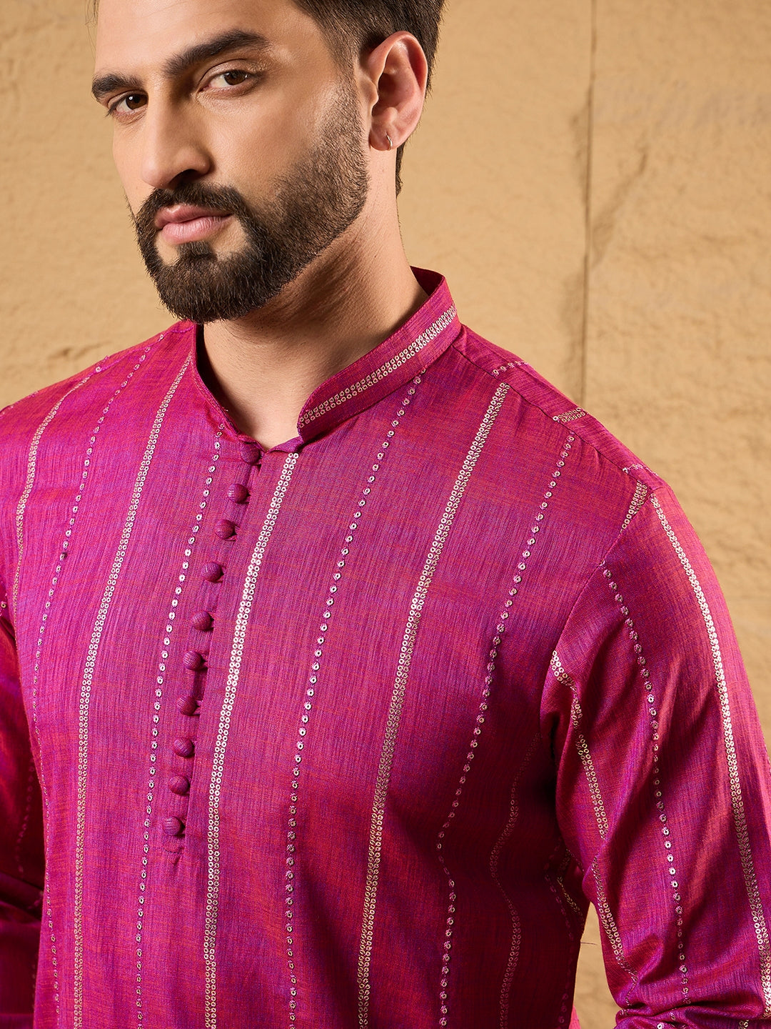 Ethnic Bay Men Pink Pure Cotton Solid Embroidered Straight Kurta with Trousers-MKSET1120