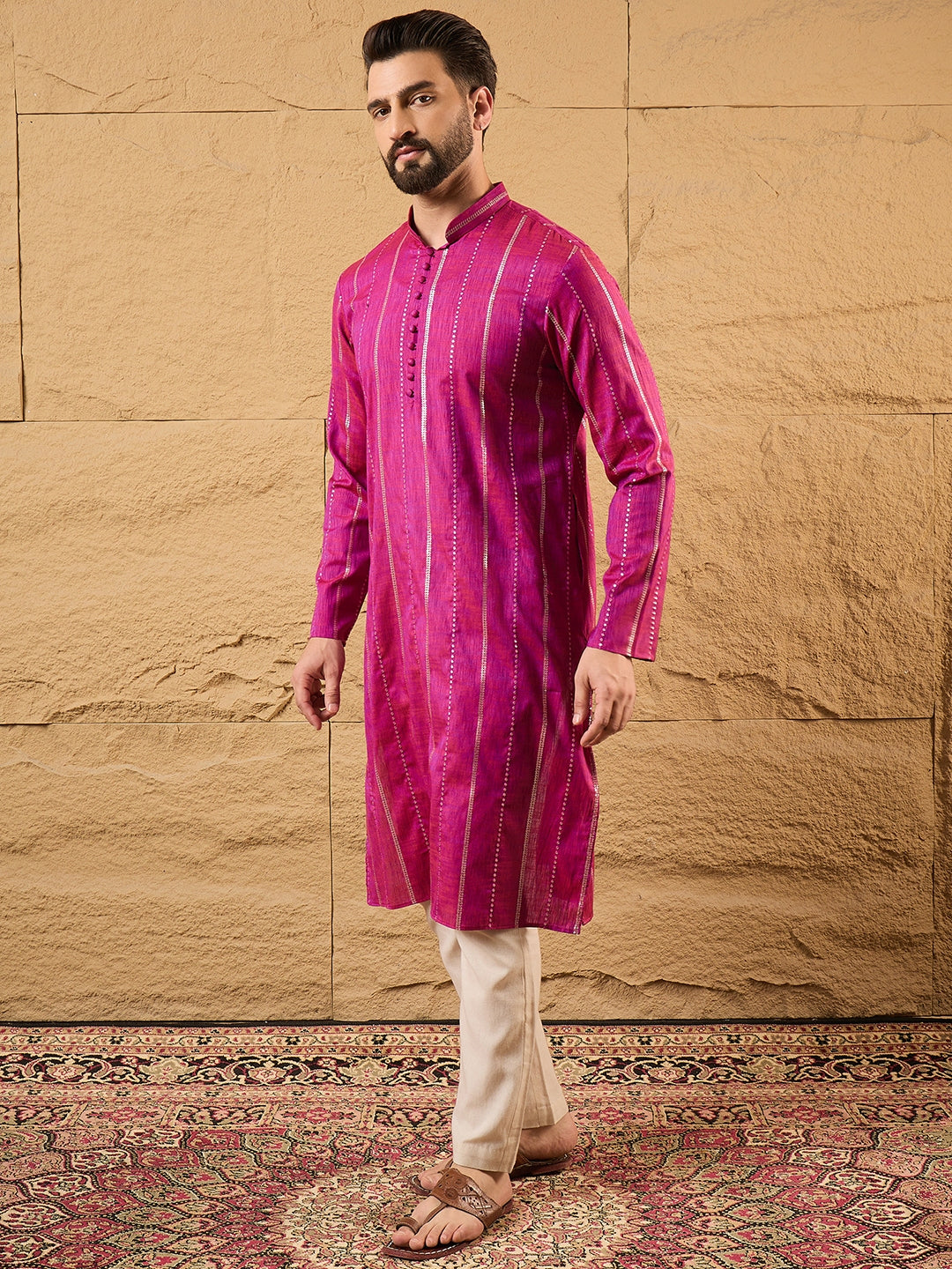 Ethnic Bay Men Pink Pure Cotton Solid Embroidered Straight Kurta with Trousers-MKSET1120