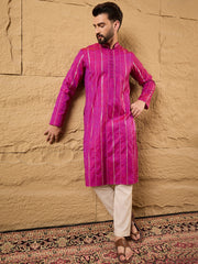 Ethnic Bay Men Pink Pure Cotton Solid Embroidered Straight Kurta with Trousers-MKSET1120