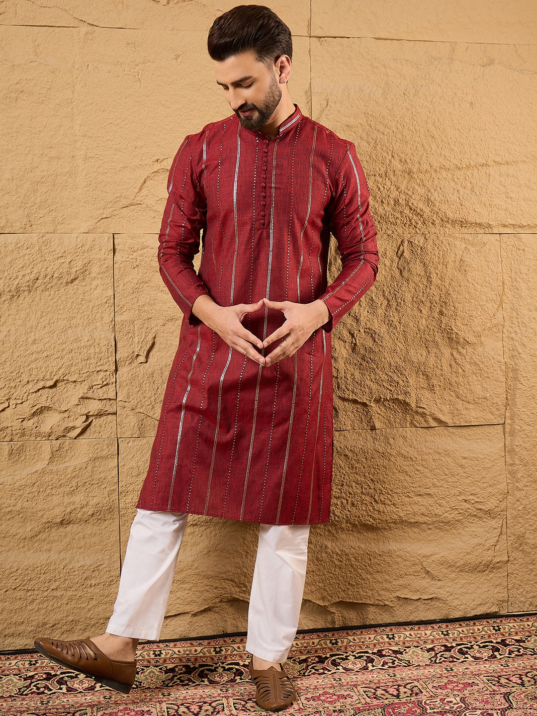 Ethnic Bay Men Maroon Pure Cotton Solid Embroidered Straight Kurta with Trousers-MKSET1124