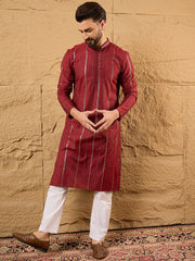 Ethnic Bay Men Maroon Pure Cotton Solid Embroidered Straight Kurta with Trousers-MKSET1124