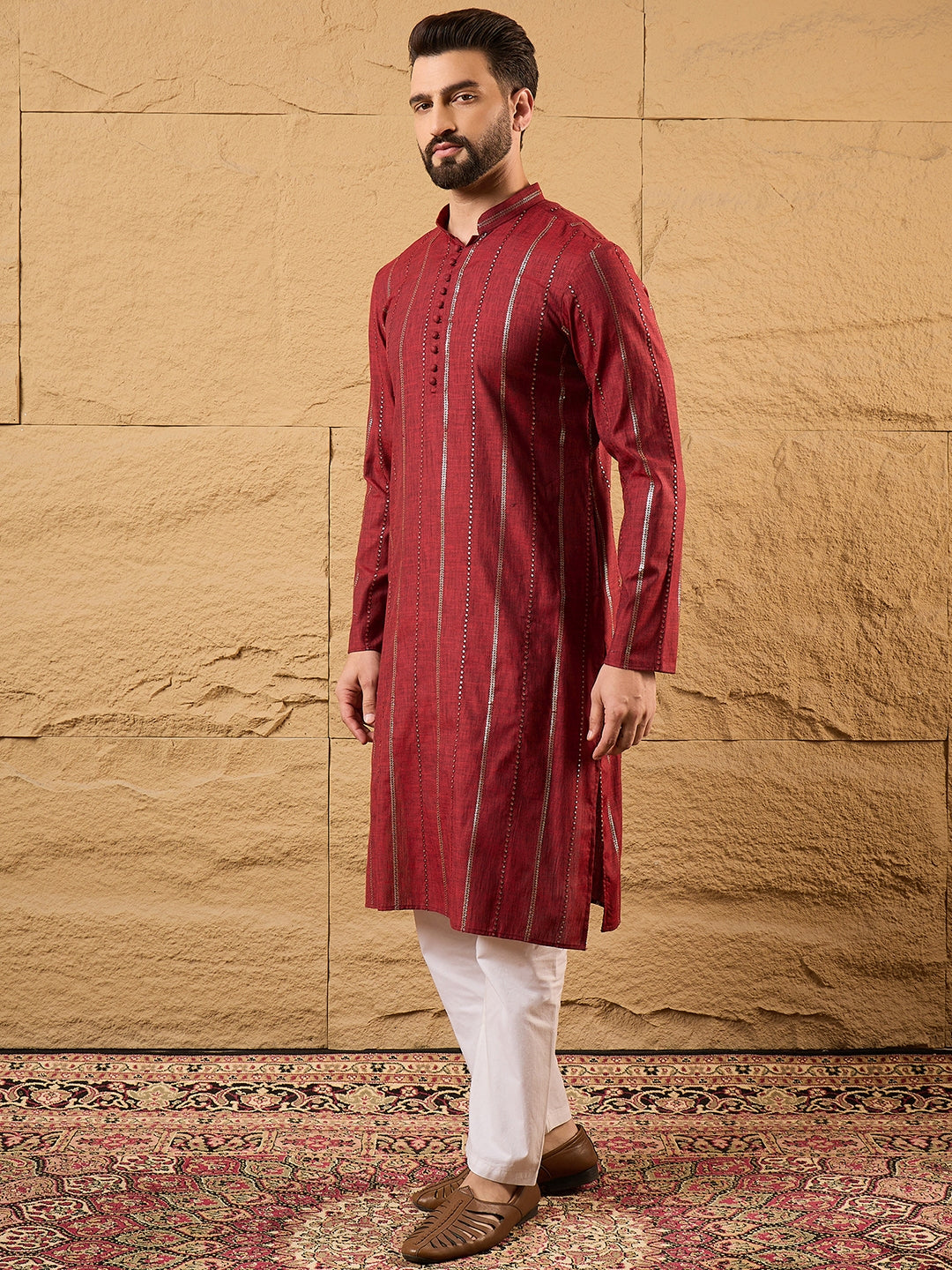 Ethnic Bay Men Maroon Pure Cotton Solid Embroidered Straight Kurta with Trousers-MKSET1124