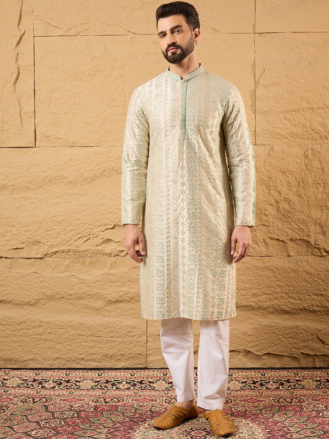 Ethnic Bay Men Off White Silk Blend Solid Embroidered Straight Kurta with Trouser-MKSET1127
