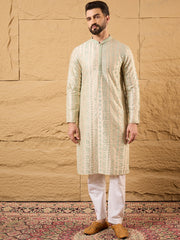 Ethnic Bay Men Off White Silk Blend Solid Embroidered Straight Kurta with Trouser-MKSET1127