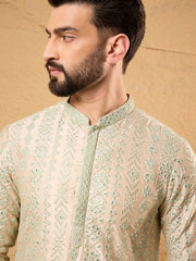 Ethnic Bay Men Off White Silk Blend Solid Embroidered Straight Kurta with Trouser-MKSET1127