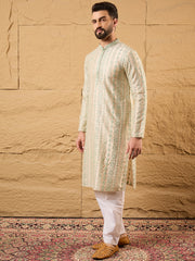 Ethnic Bay Men Off White Silk Blend Solid Embroidered Straight Kurta with Trouser-MKSET1127