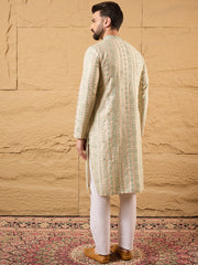 Ethnic Bay Men Off White Silk Blend Solid Embroidered Straight Kurta with Trouser-MKSET1127