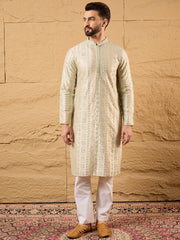 Ethnic Bay Men Off White Silk Blend Solid Embroidered Straight Kurta with Trouser-MKSET1127