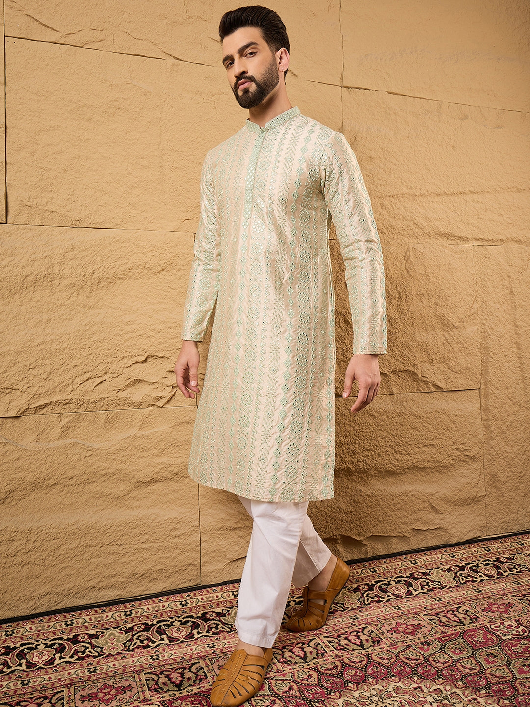 Ethnic Bay Men Off White Silk Blend Solid Embroidered Straight Kurta with Trouser-MKSET1127