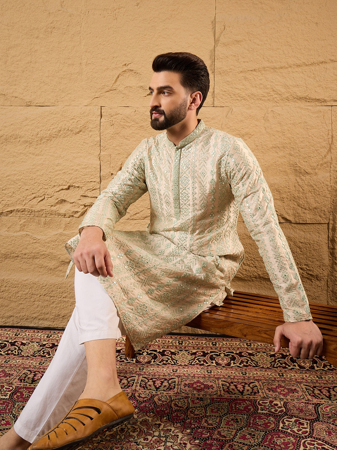 Ethnic Bay Men Off White Silk Blend Solid Embroidered Straight Kurta with Trouser-MKSET1127
