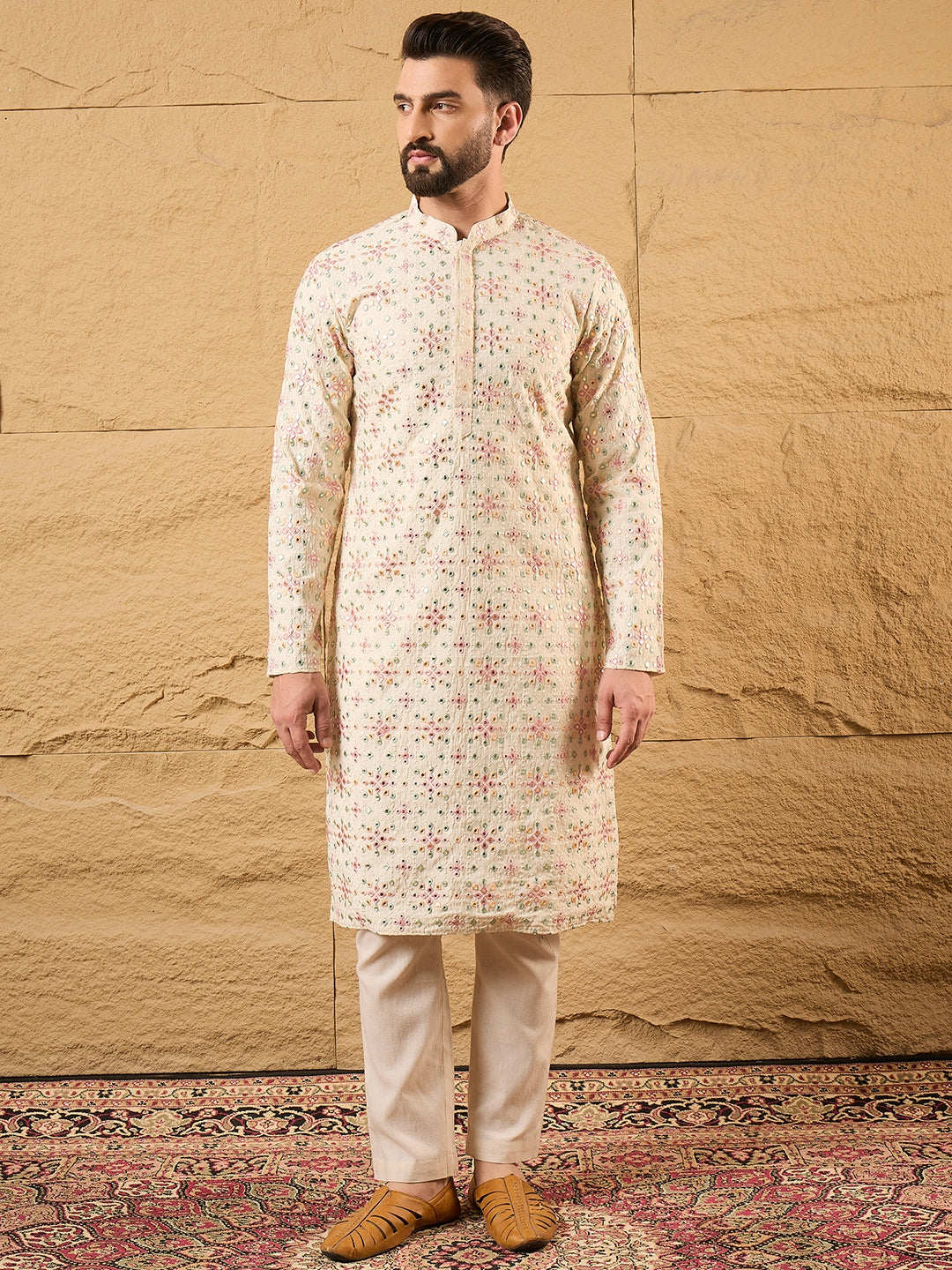 Ethnic Bay Men Off White Silk Blend Solid Embroidered Straight Kurta with Trouser-MKSET1130