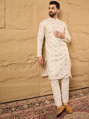 Ethnic Bay Men Off White Silk Blend Solid Embroidered Straight Kurta with Trouser-MKSET1130