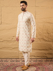 Ethnic Bay Men Off White Silk Blend Solid Embroidered Straight Kurta with Trouser-MKSET1130