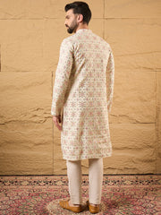 Ethnic Bay Men Off White Silk Blend Solid Embroidered Straight Kurta with Trouser-MKSET1130