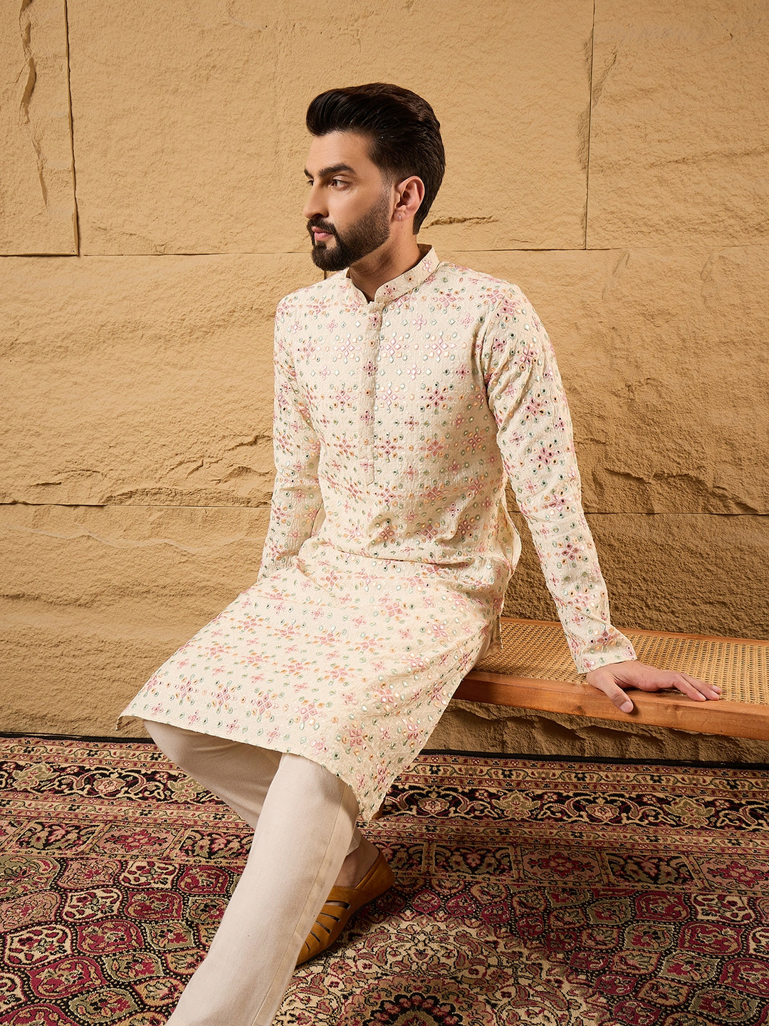 Ethnic Bay Men Off White Silk Blend Solid Embroidered Straight Kurta with Trouser-MKSET1130