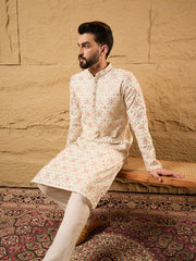 Ethnic Bay Men Off White Silk Blend Solid Embroidered Straight Kurta with Trouser-MKSET1130