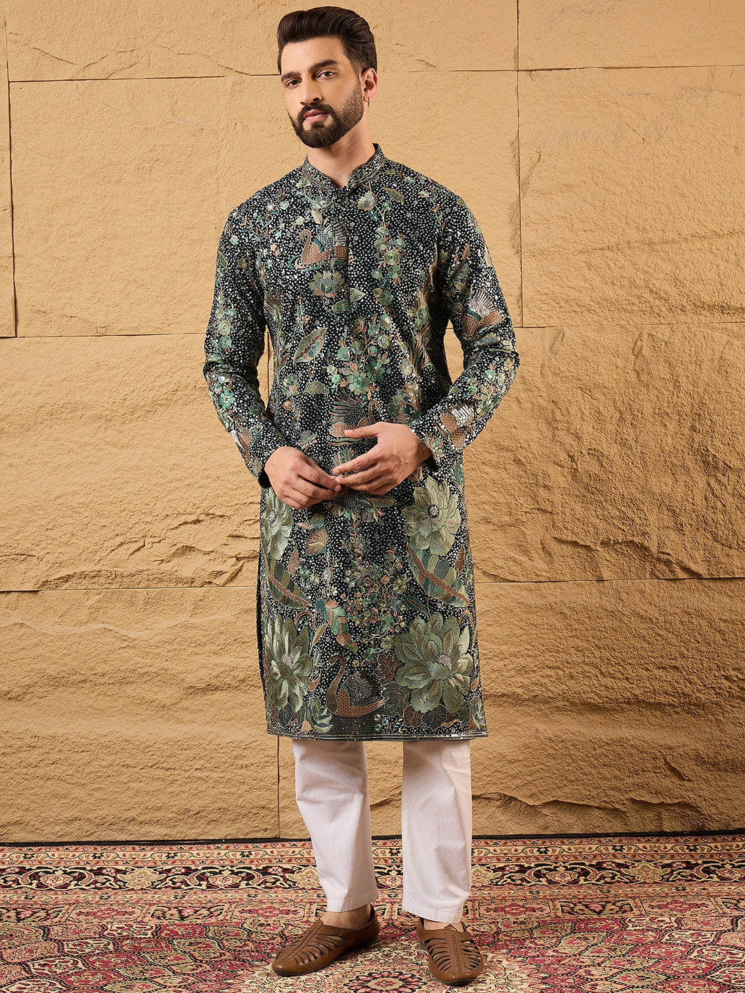 Ethnic Bay Men Green Georgette Solid Embroidered Straight Kurta with Trouser-MKSET1133