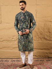 Ethnic Bay Men Green Georgette Solid Embroidered Straight Kurta with Trouser-MKSET1133