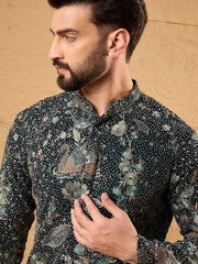 Ethnic Bay Men Green Georgette Solid Embroidered Straight Kurta with Trouser-MKSET1133