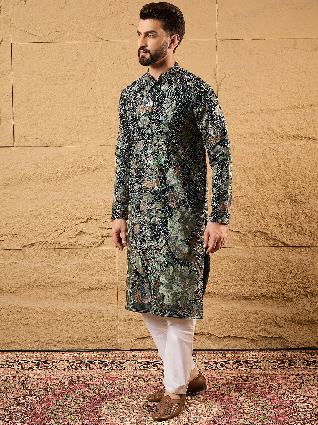 Ethnic Bay Men Green Georgette Solid Embroidered Straight Kurta with Trouser-MKSET1133