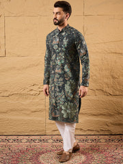 Ethnic Bay Men Green Georgette Solid Embroidered Straight Kurta with Trouser-MKSET1133