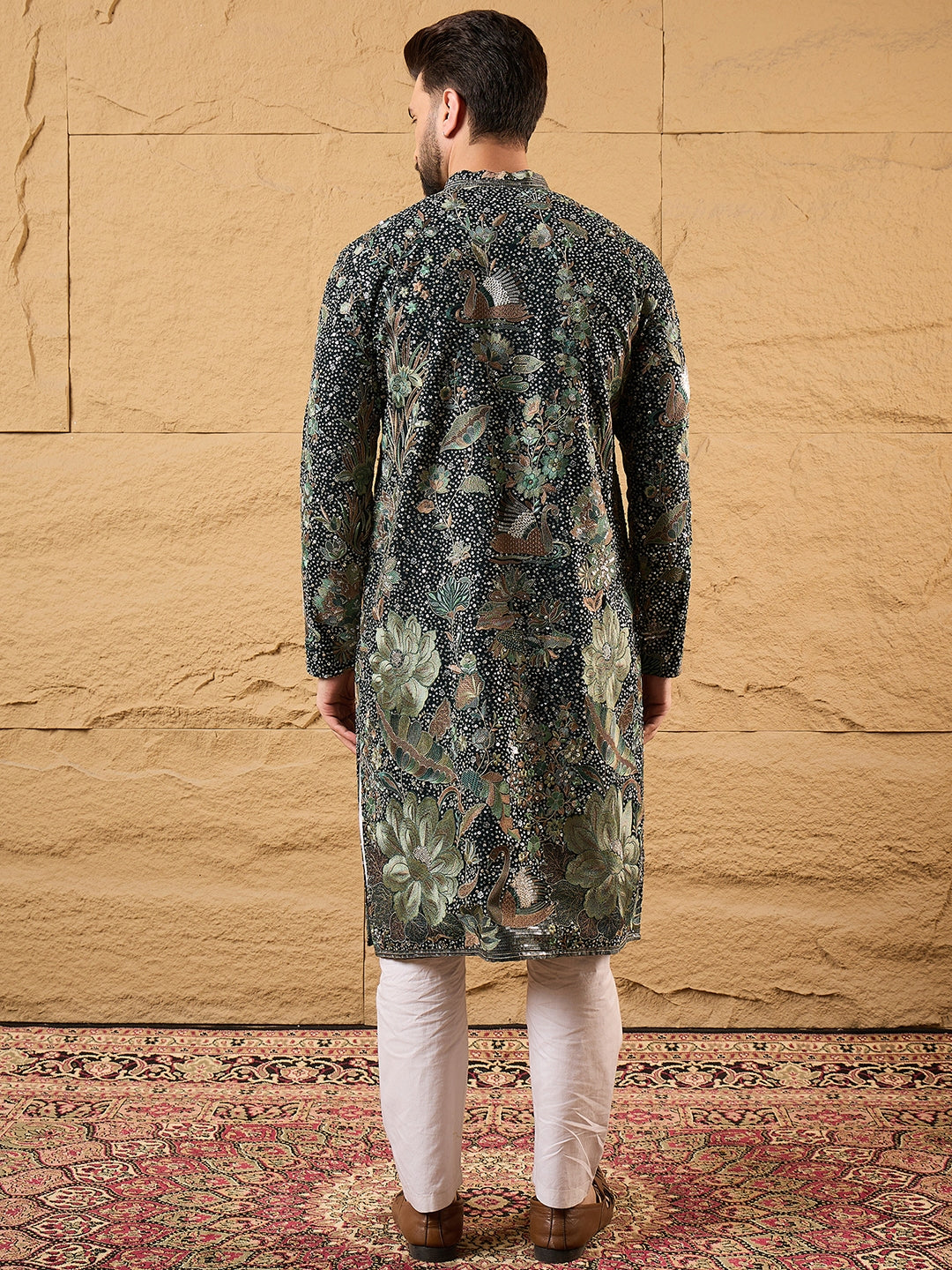 Ethnic Bay Men Green Georgette Solid Embroidered Straight Kurta with Trouser-MKSET1133