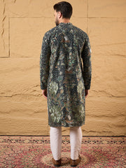 Ethnic Bay Men Green Georgette Solid Embroidered Straight Kurta with Trouser-MKSET1133