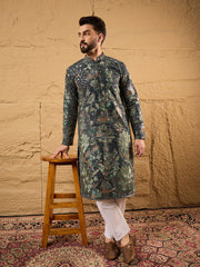 Ethnic Bay Men Green Georgette Solid Embroidered Straight Kurta with Trouser-MKSET1133