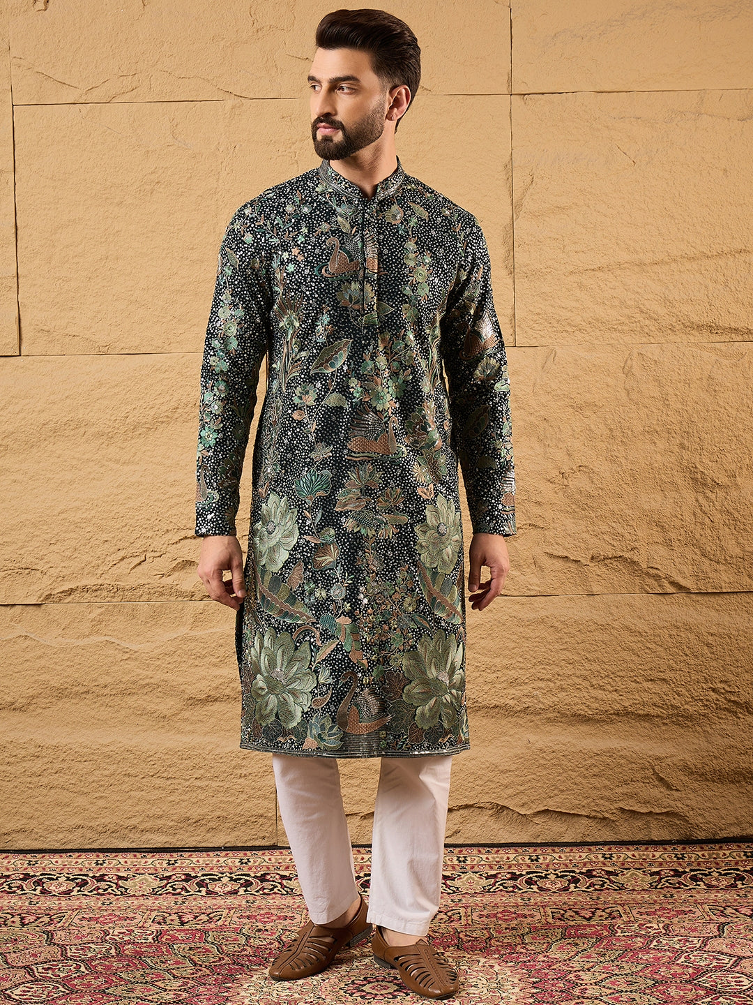 Ethnic Bay Men Green Georgette Solid Embroidered Straight Kurta with Trouser-MKSET1133