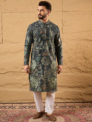 Ethnic Bay Men Green Georgette Solid Embroidered Straight Kurta with Trouser-MKSET1133