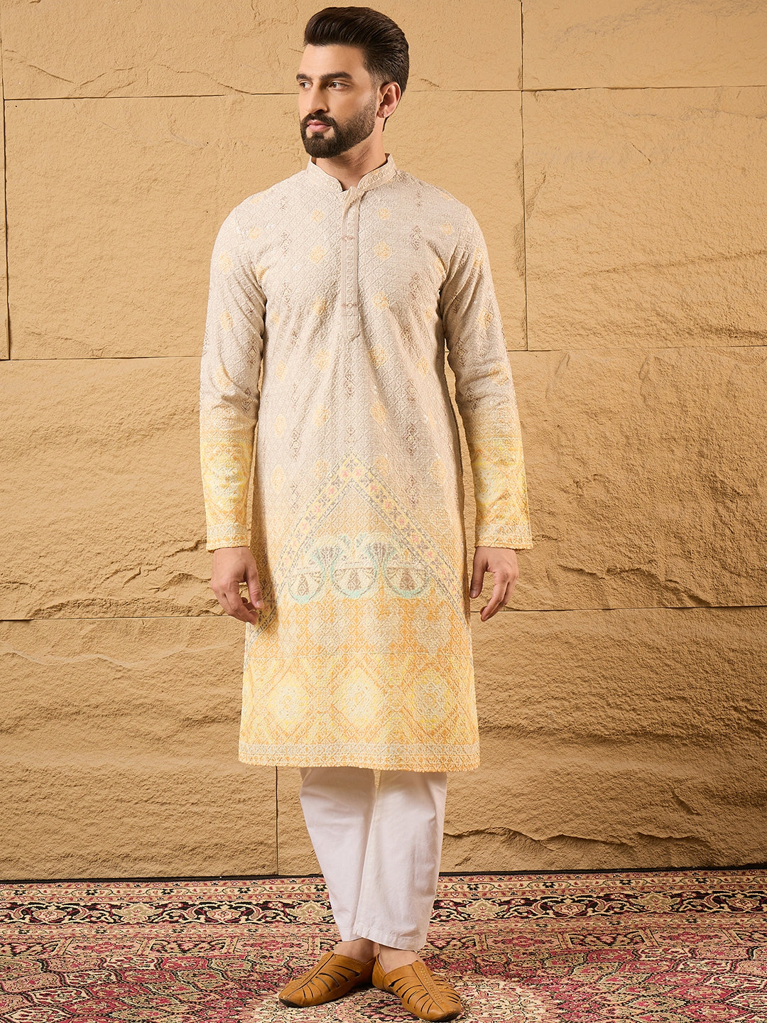 Ethnic Bay Men Yellow Viscose Rayon Ethnic Motifs Embroidered Straight Kurta with Trouser-MKSET1138