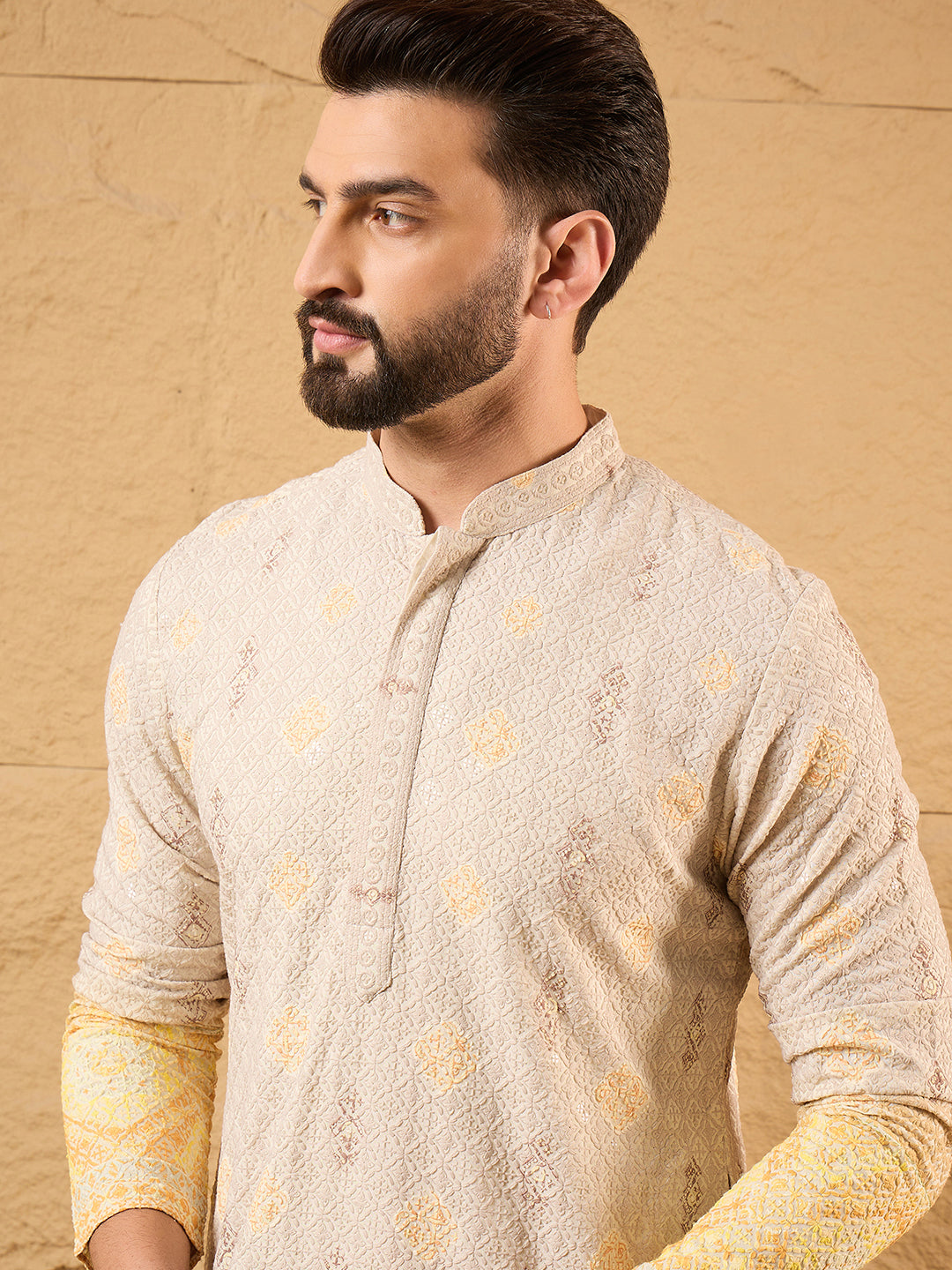 Ethnic Bay Men Yellow Viscose Rayon Ethnic Motifs Embroidered Straight Kurta with Trouser-MKSET1138
