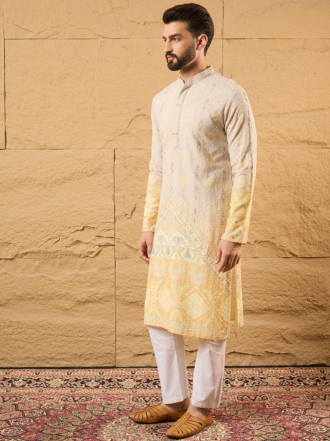 Ethnic Bay Men Yellow Viscose Rayon Ethnic Motifs Embroidered Straight Kurta with Trouser-MKSET1138