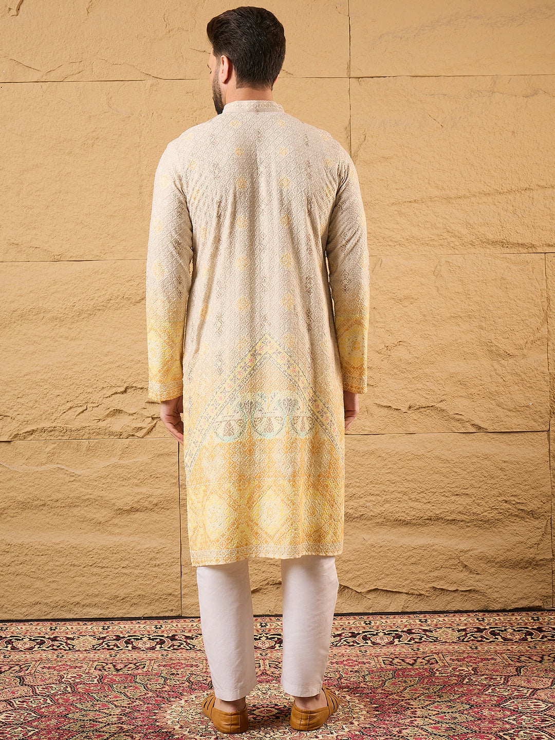 Ethnic Bay Men Yellow Viscose Rayon Ethnic Motifs Embroidered Straight Kurta with Trouser-MKSET1138