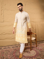Ethnic Bay Men Yellow Viscose Rayon Ethnic Motifs Embroidered Straight Kurta with Trouser-MKSET1138
