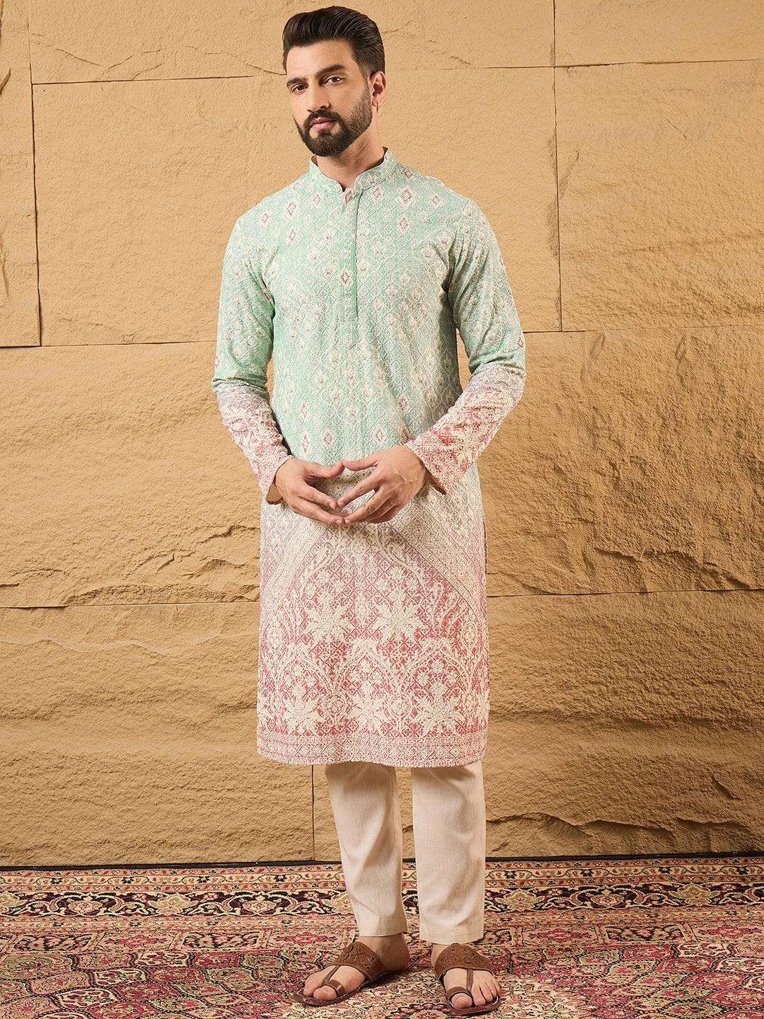 Ethnic Bay Men Teal Viscose Rayon Ethnic Motifs Embroidered Straight Kurta with Trouser-MKSET1139