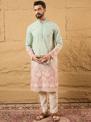 Ethnic Bay Men Teal Viscose Rayon Ethnic Motifs Embroidered Straight Kurta with Trouser-MKSET1139