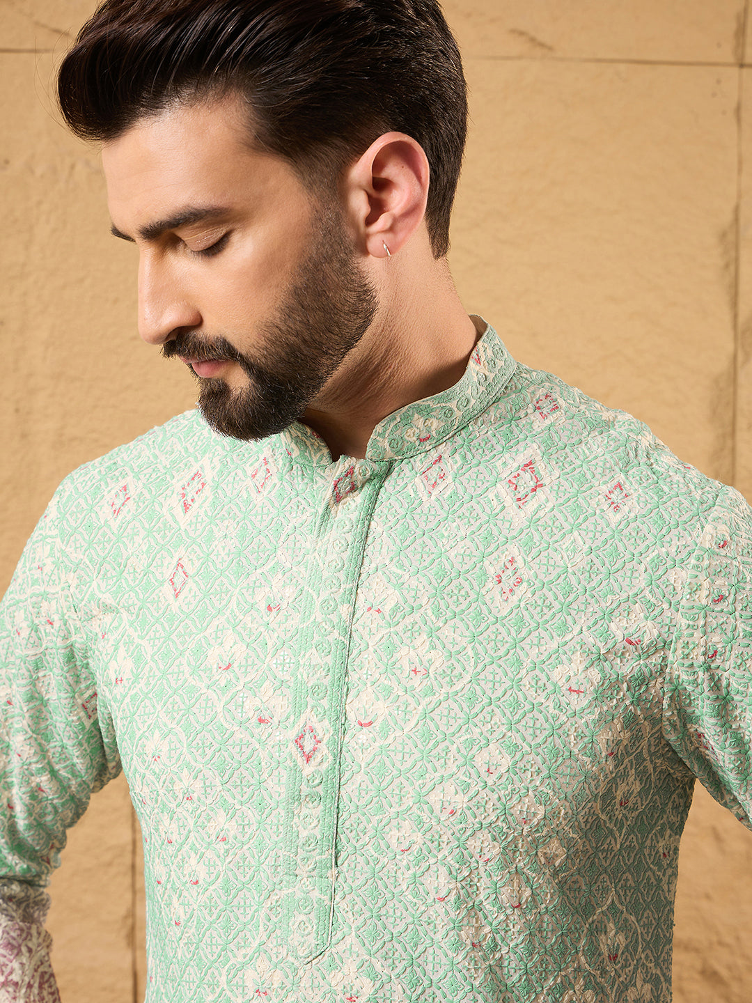 Ethnic Bay Men Teal Viscose Rayon Ethnic Motifs Embroidered Straight Kurta with Trouser-MKSET1139