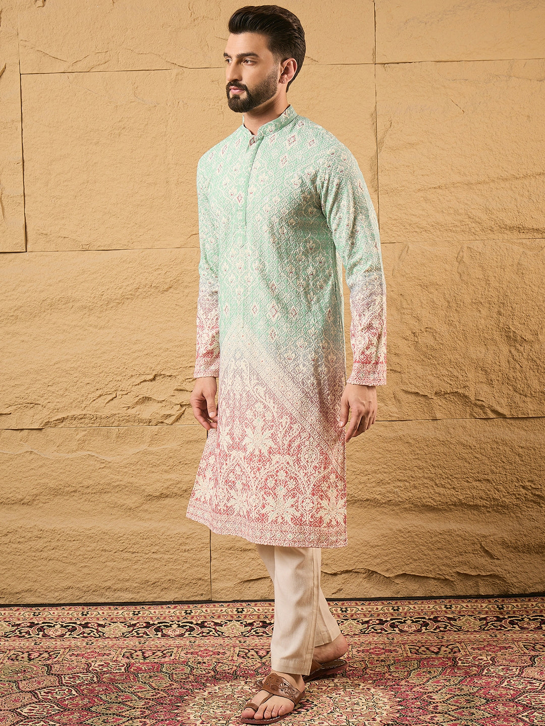 Ethnic Bay Men Teal Viscose Rayon Ethnic Motifs Embroidered Straight Kurta with Trouser-MKSET1139