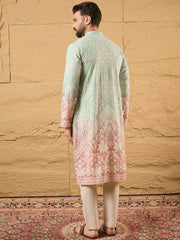 Ethnic Bay Men Teal Viscose Rayon Ethnic Motifs Embroidered Straight Kurta with Trouser-MKSET1139
