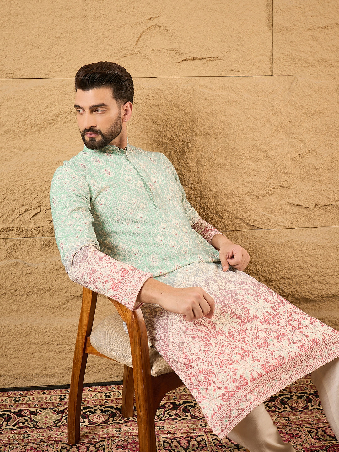 Ethnic Bay Men Teal Viscose Rayon Ethnic Motifs Embroidered Straight Kurta with Trouser-MKSET1139
