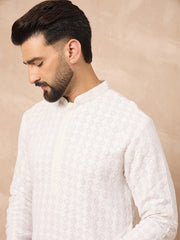 Ethnic Bay Men White Viscose Rayon Solid Embroidered Straight Kurta with Trouser-MKSET1140
