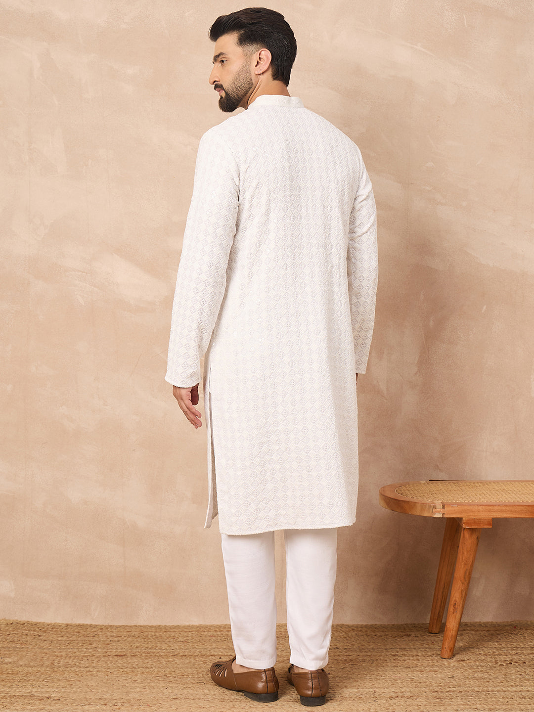 Ethnic Bay Men White Viscose Rayon Solid Embroidered Straight Kurta with Trouser-MKSET1140